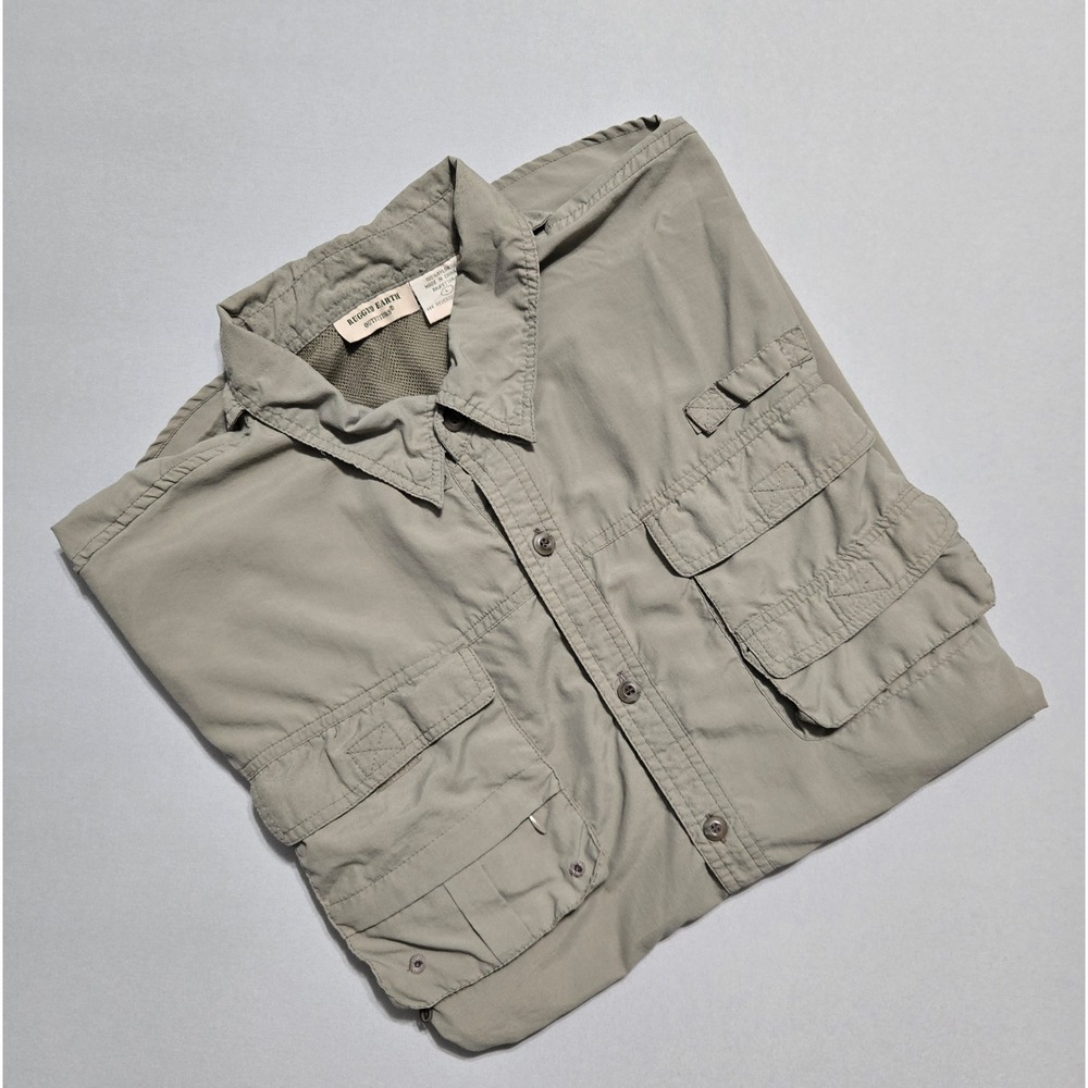 Rugged Earth Outfitters Fishing Shirt Mens Large Olive Green Short Sleeve Vented